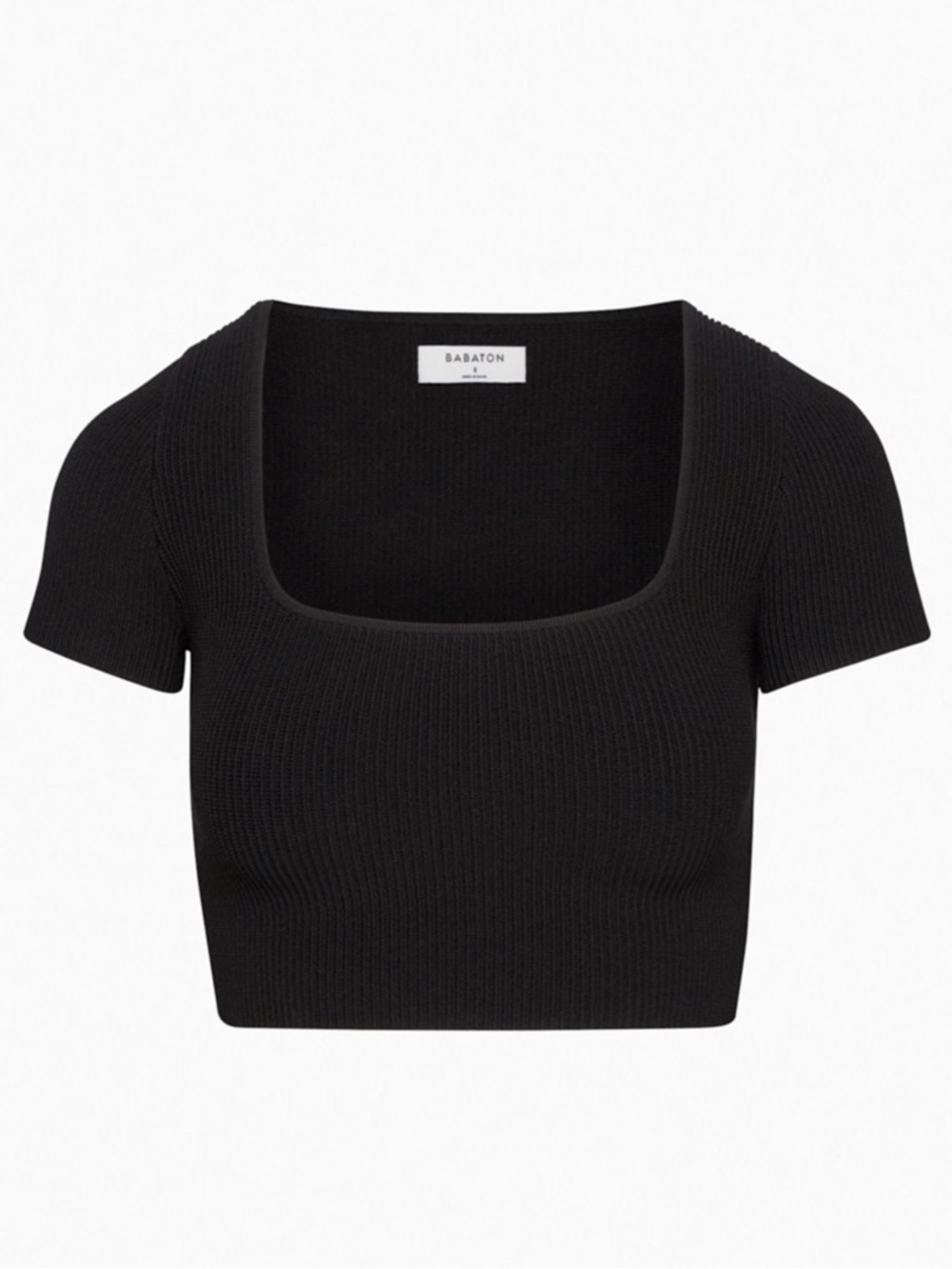 Aritzia Babaton Sculpt Knit Squareneck Top - Black Ribbed Short Sleeve Shirt